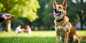 Dog and owner practicing commands in a sunny park.