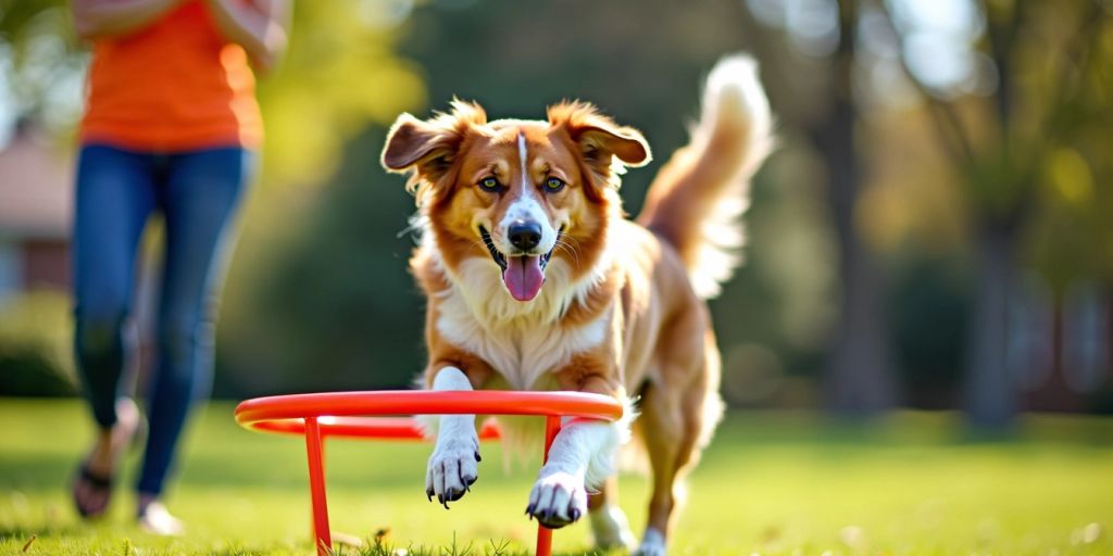 Dog jumping through a hoop with owner clapping.