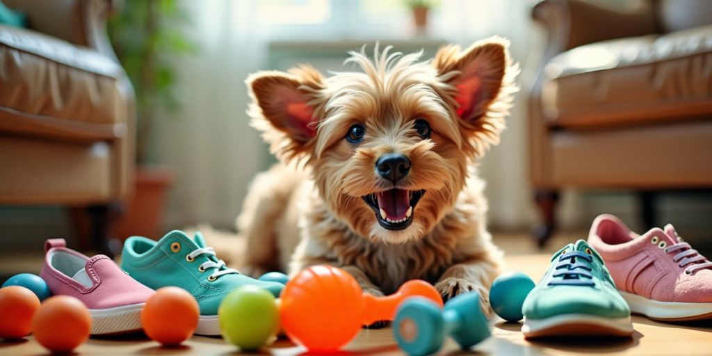 Playful dog with chew-proof items around it.