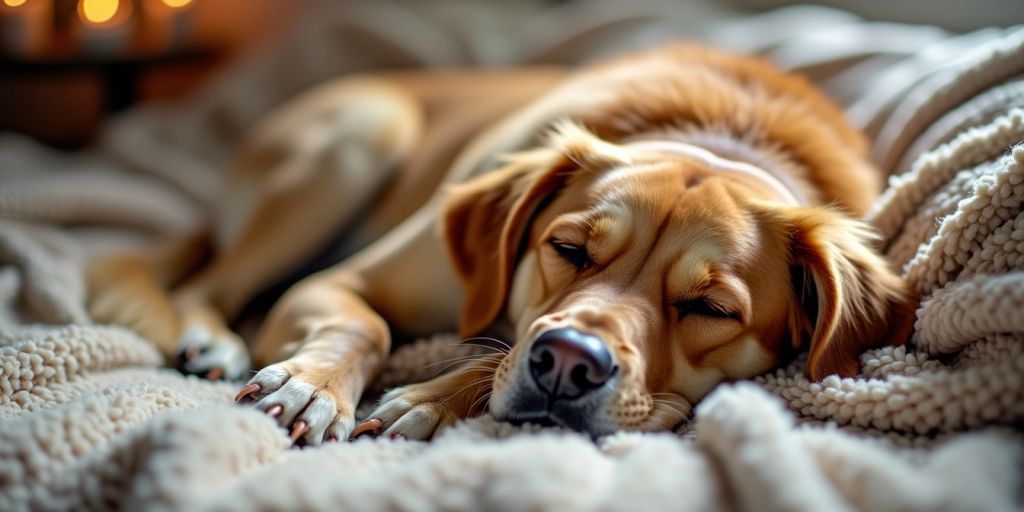 Calm dog resting in a cozy, soothing environment.