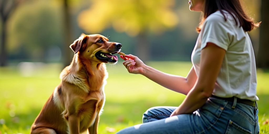 Dog training session in a sunny park with owner.