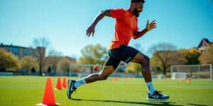 Athlete performing agility drills on a training field.