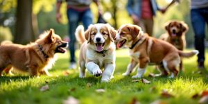 Puppy playing with other dogs in a sunny park.