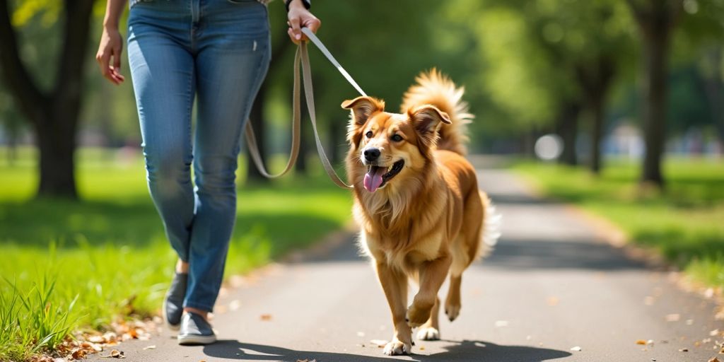 Happy dog and owner walking together on a leash.