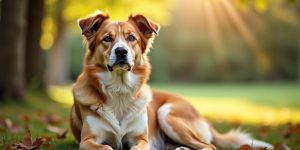 Calm dog sitting peacefully in a serene environment.