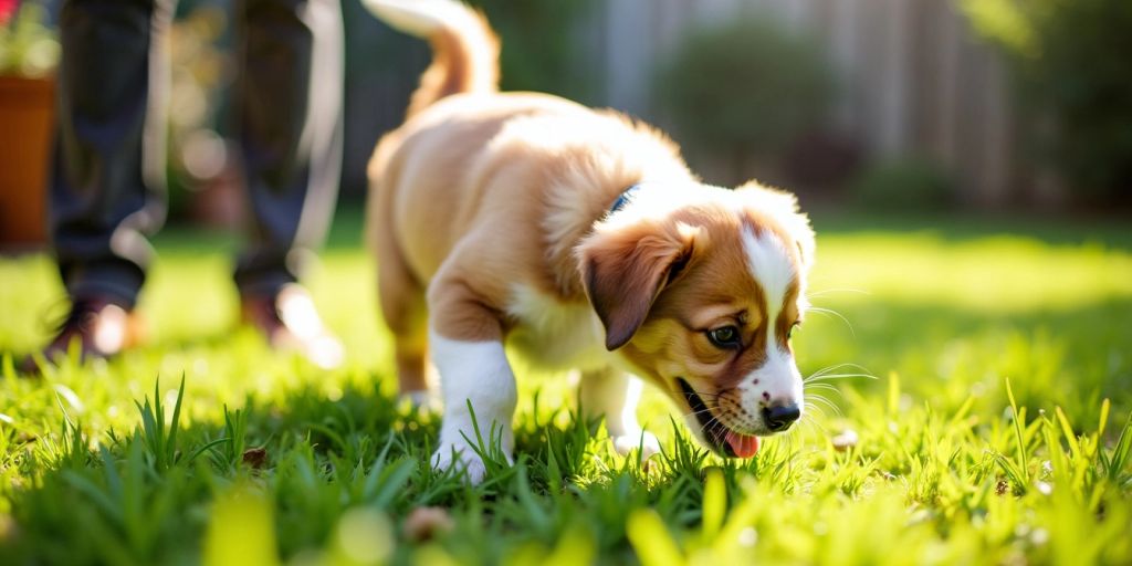 Playful puppy exploring a sunny grassy yard.